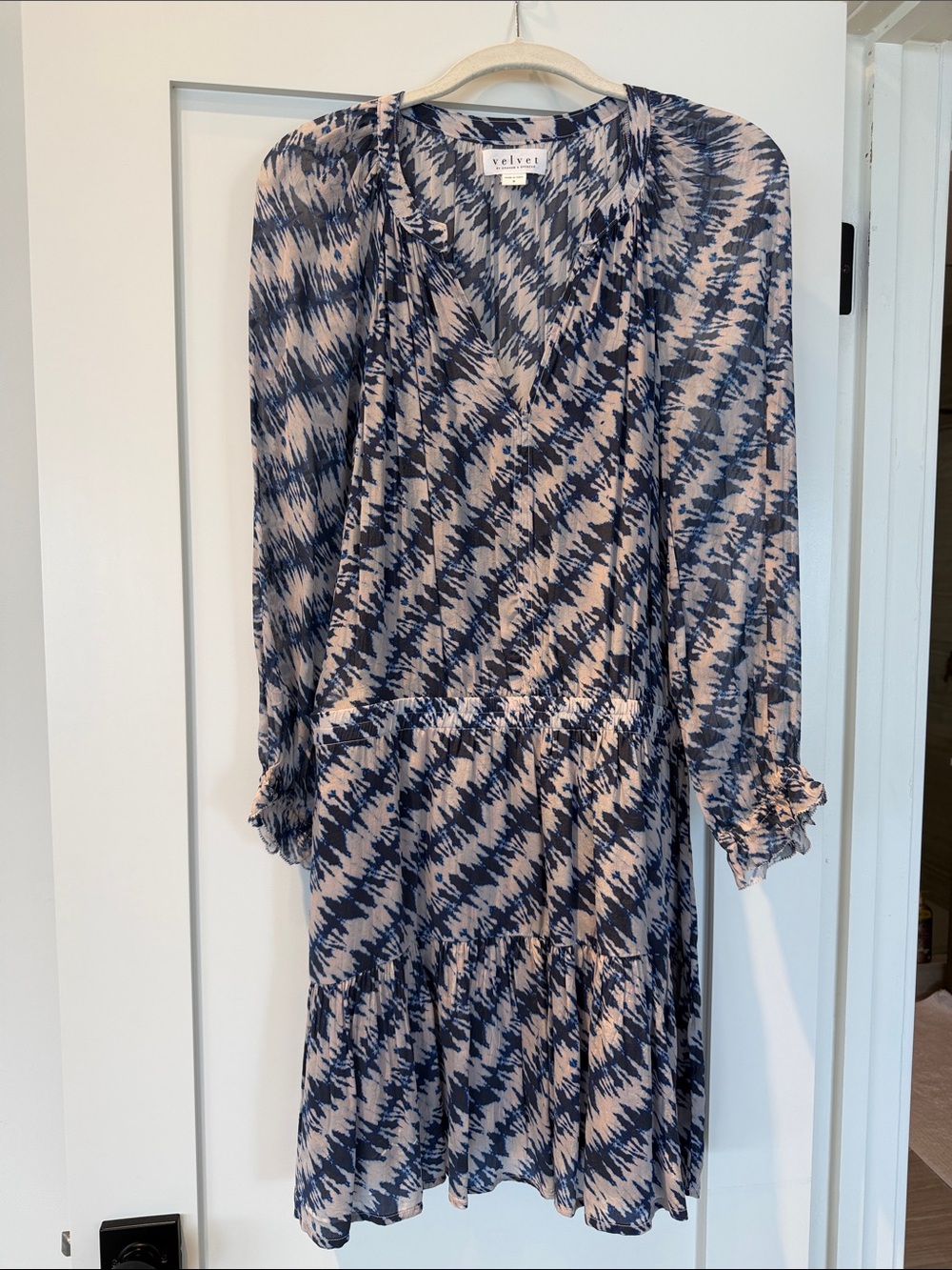 Velvet by Graham & Spencer blue and Beige shimmer Printed Long Sleeve Dress